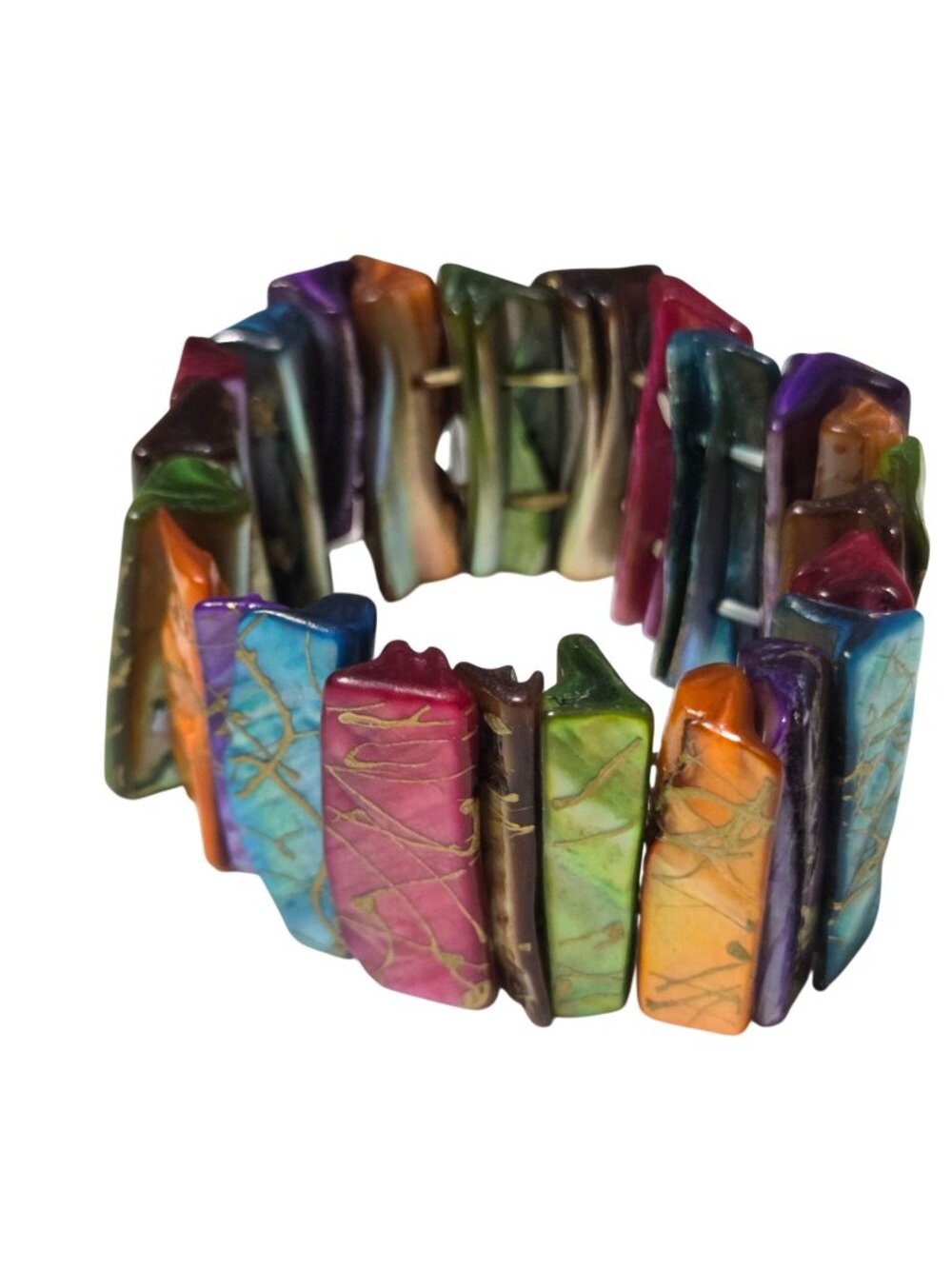 Colorful Shell Stretch Bracelet Gold Vein Detailing Chunky Tile Slab Jewelry